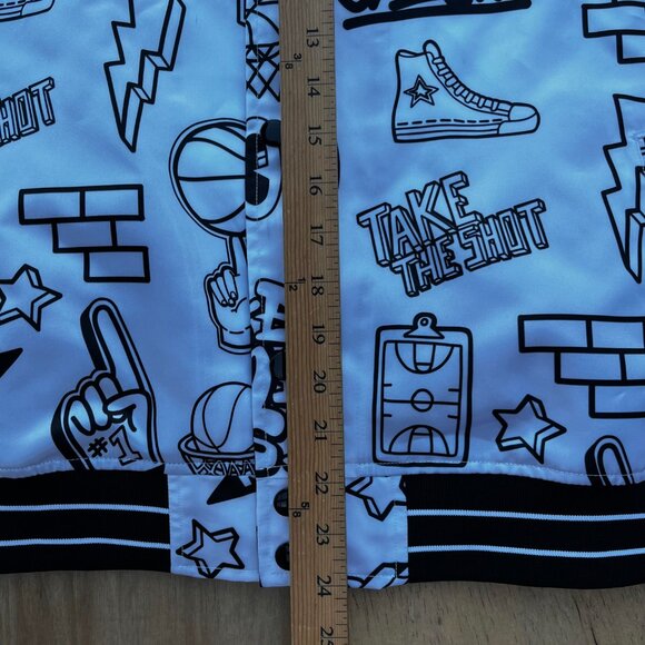 MITCHELL & NESS LAKERS GRAPHIC DOODLE SATIN BOMBER JACKET Women’s sz M White - Picture 12 of 13